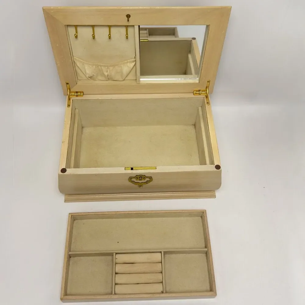 2-Tier Wooden Jewelry Organizer with Necklace Hooks, Mirror & Removable Tray
